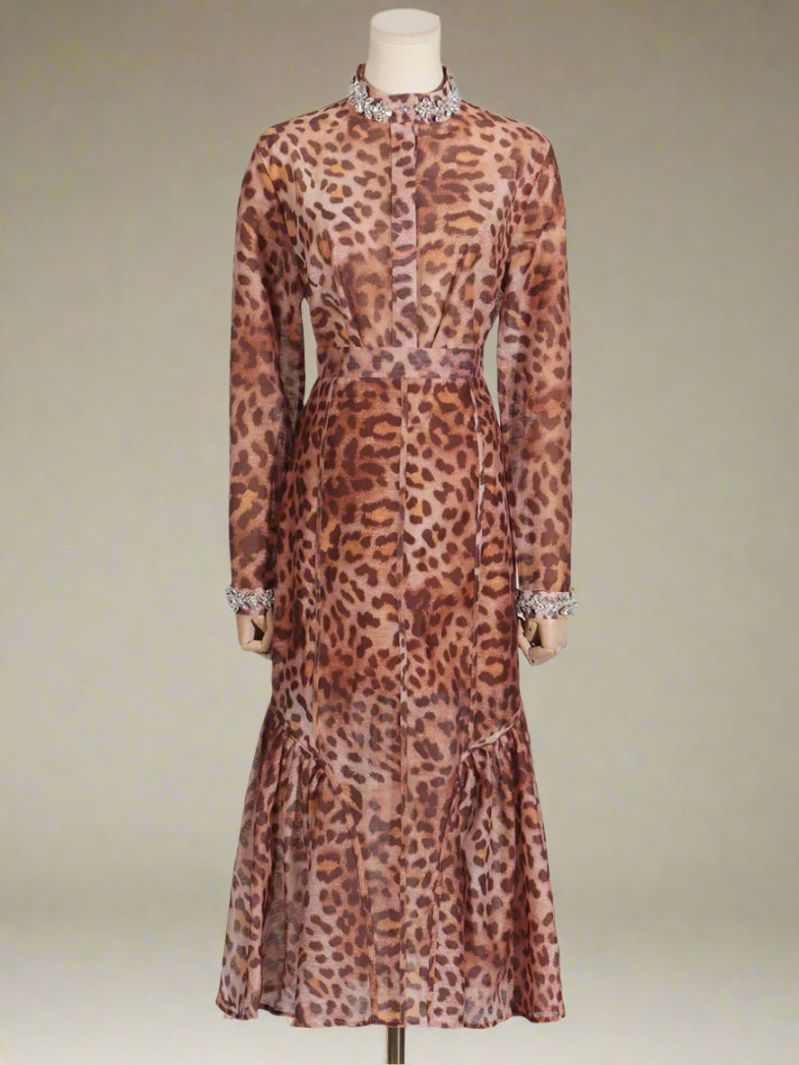 HEYFANCYSTYLE Womens Luxury Crystal Leopard Blouse & Flowing Maxi Skirt