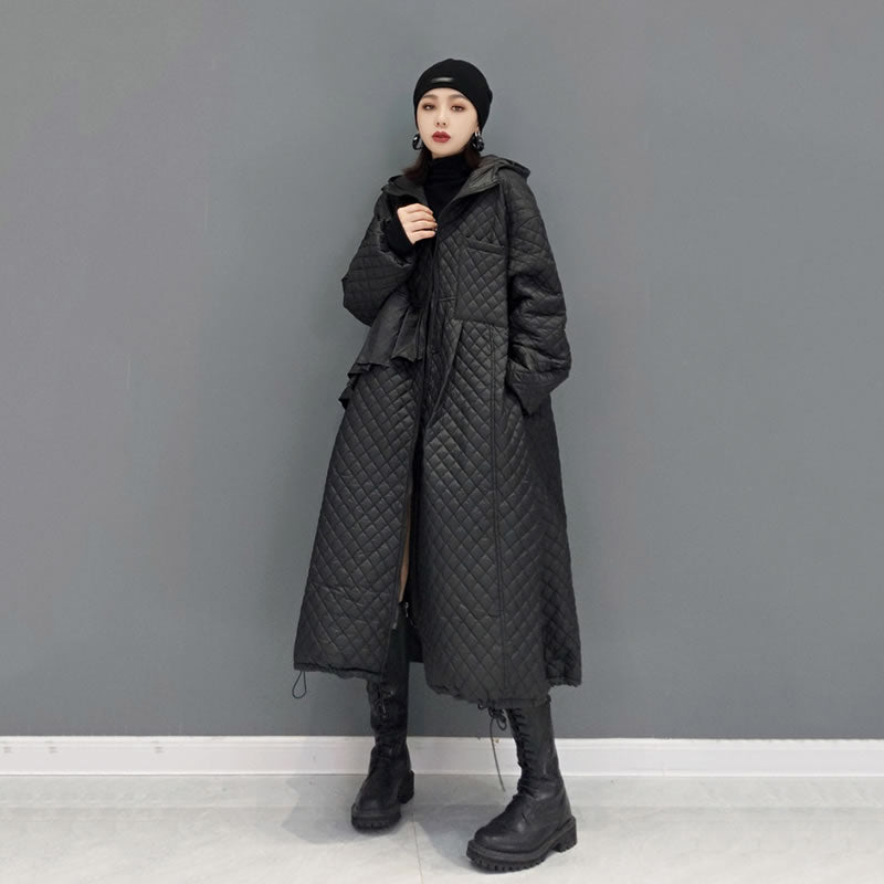 Casual Elegance Diamond Quilted Long Parka Hoodie Coat