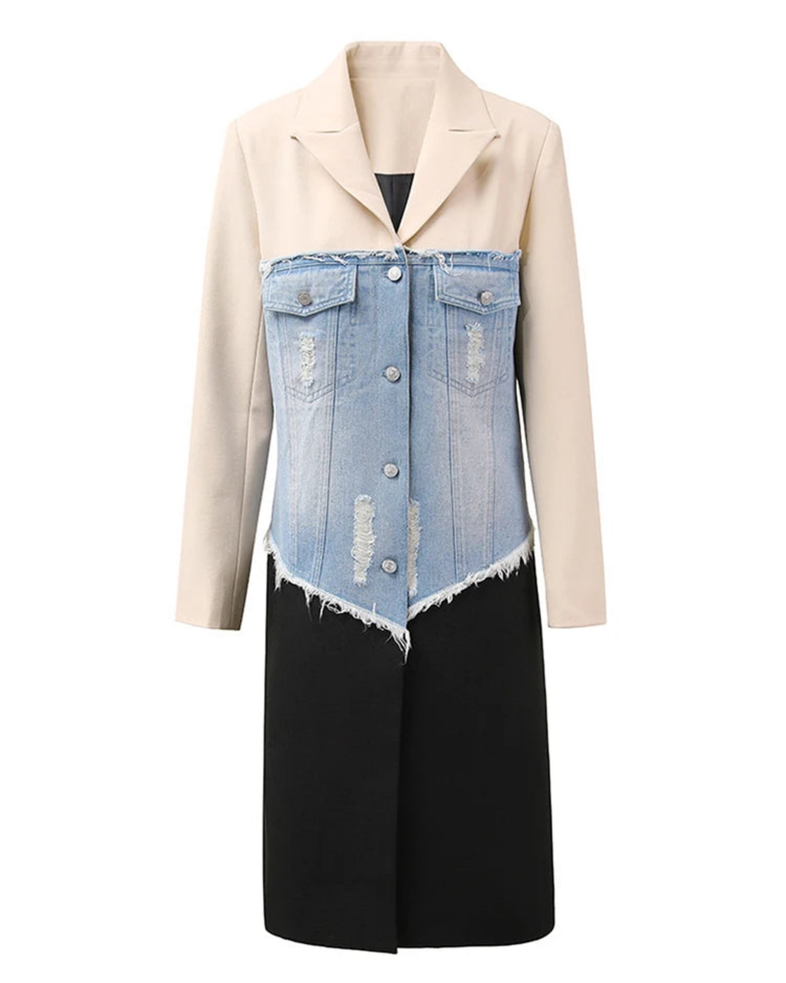 Haute Couture Denim Contrast Longline Blazer Trench Coat