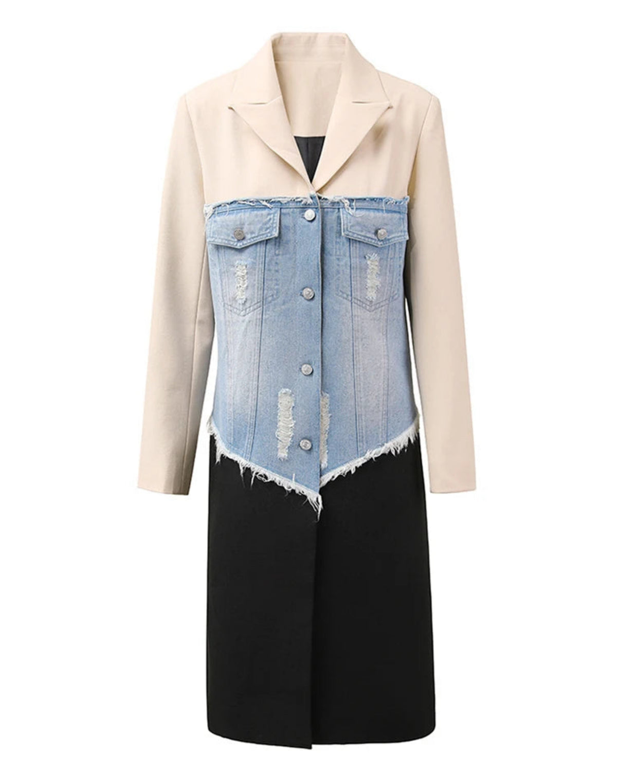 Haute Couture Denim Contrast Longline Blazer Trench Coat