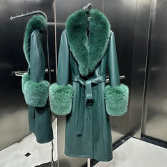 Haute Couture Leather Jacket with Fluffy Fur - Green