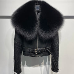 Leather Moto Jacket for Women - Real Fox Fur Trim