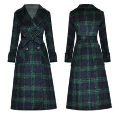 Women's Luxe Woolen Plaid Long Trench Coat