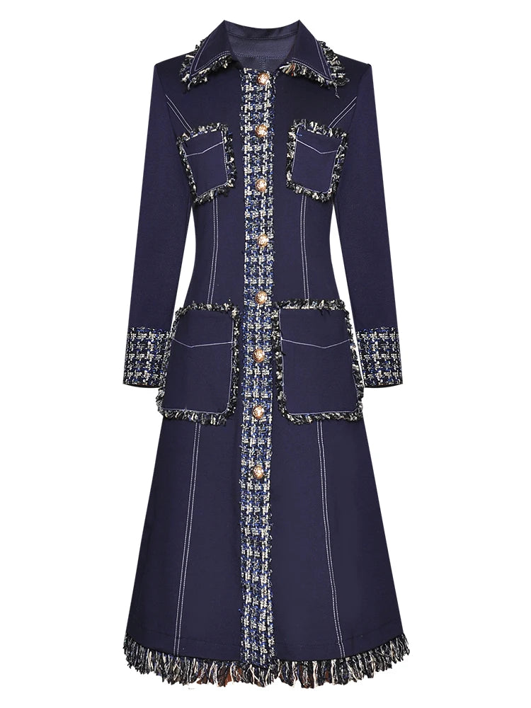 Long Sleeve Tweed Button Pocket Midi Dress