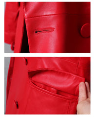 Women's Ruby Red Extra Long Faux Leather Overcoat