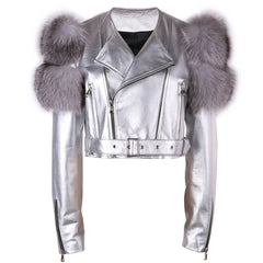 Women's Genuine Fox Fur Leather Winter Jacket Coat