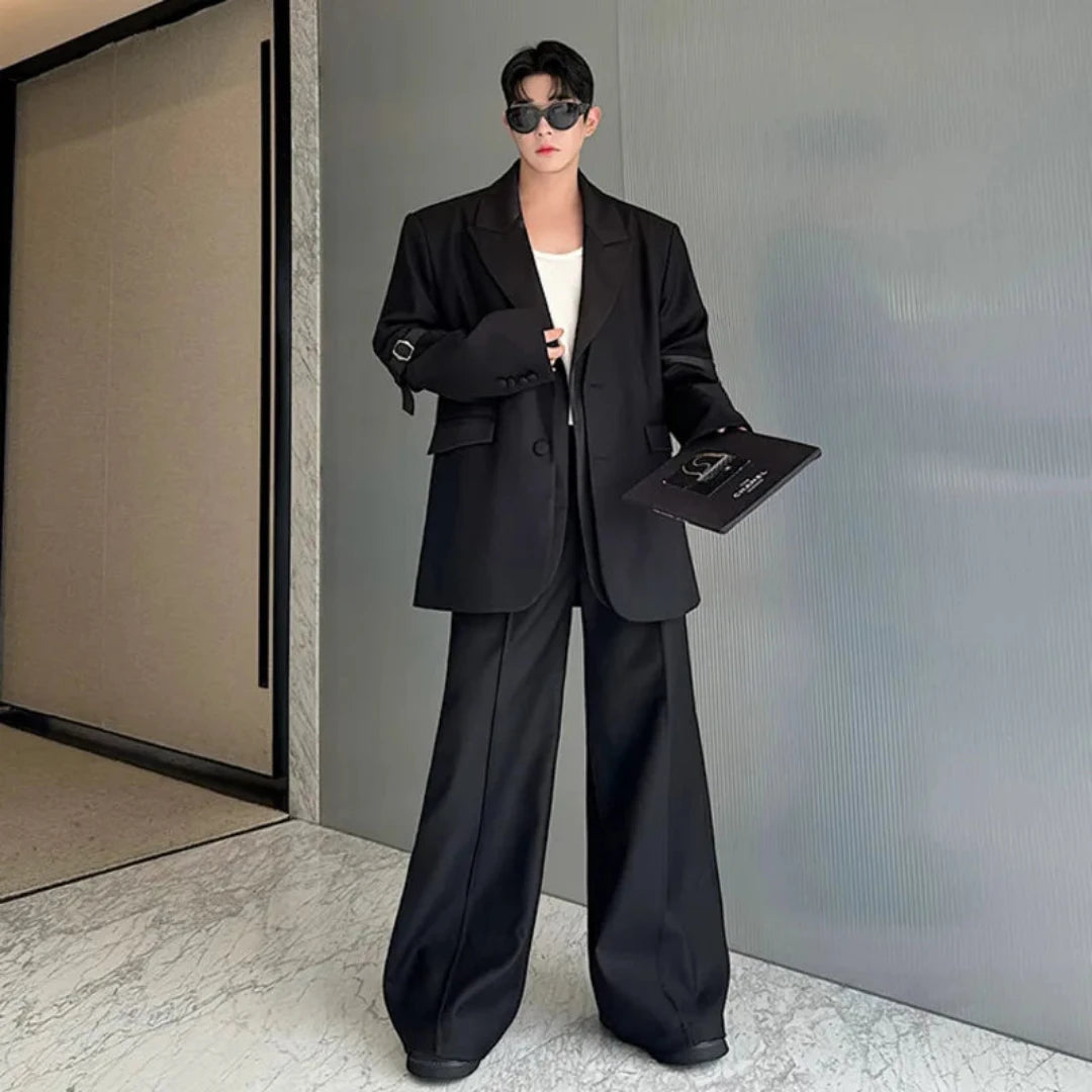 HeyFancyStyle men's luxury streetwear 2-piece all black  matching suit set blazer