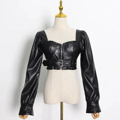 Women's Faux Leather Cropped Long Sleeve Top