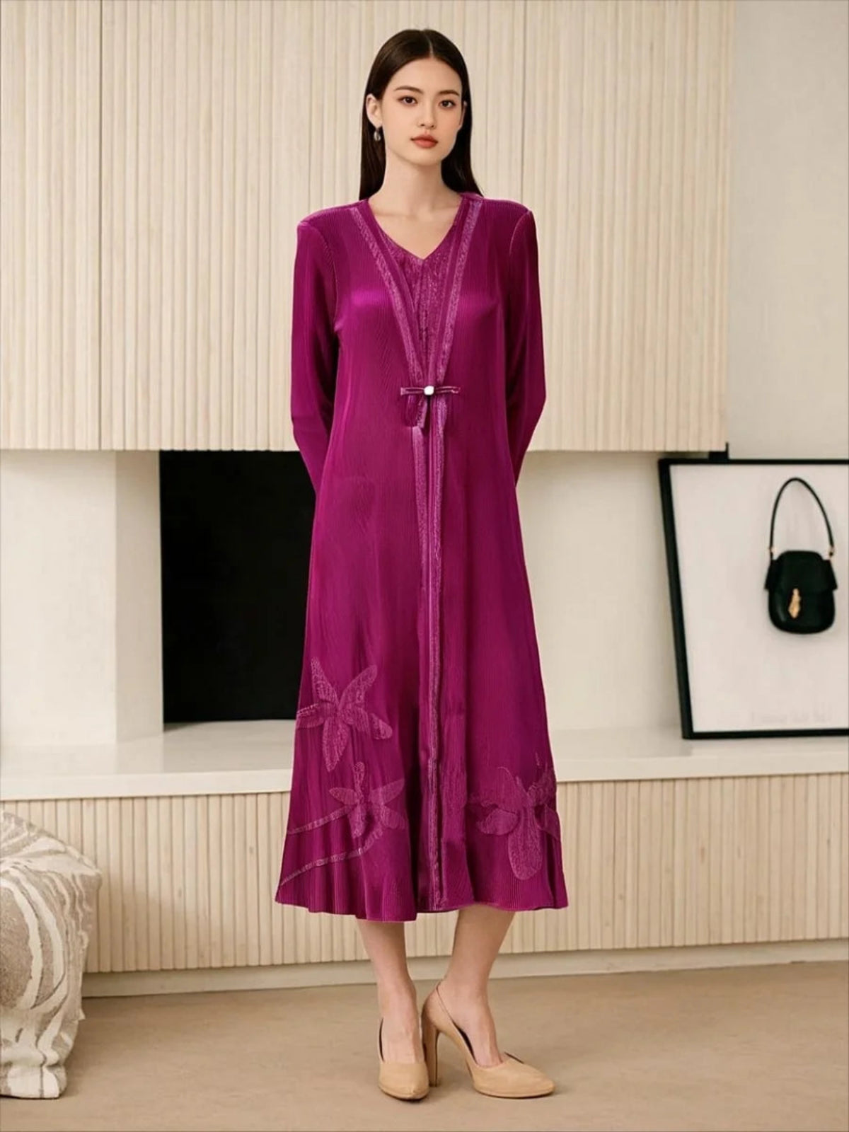 Japanese Designer Pleated Duster Dress – Travel-Friendly Maxi