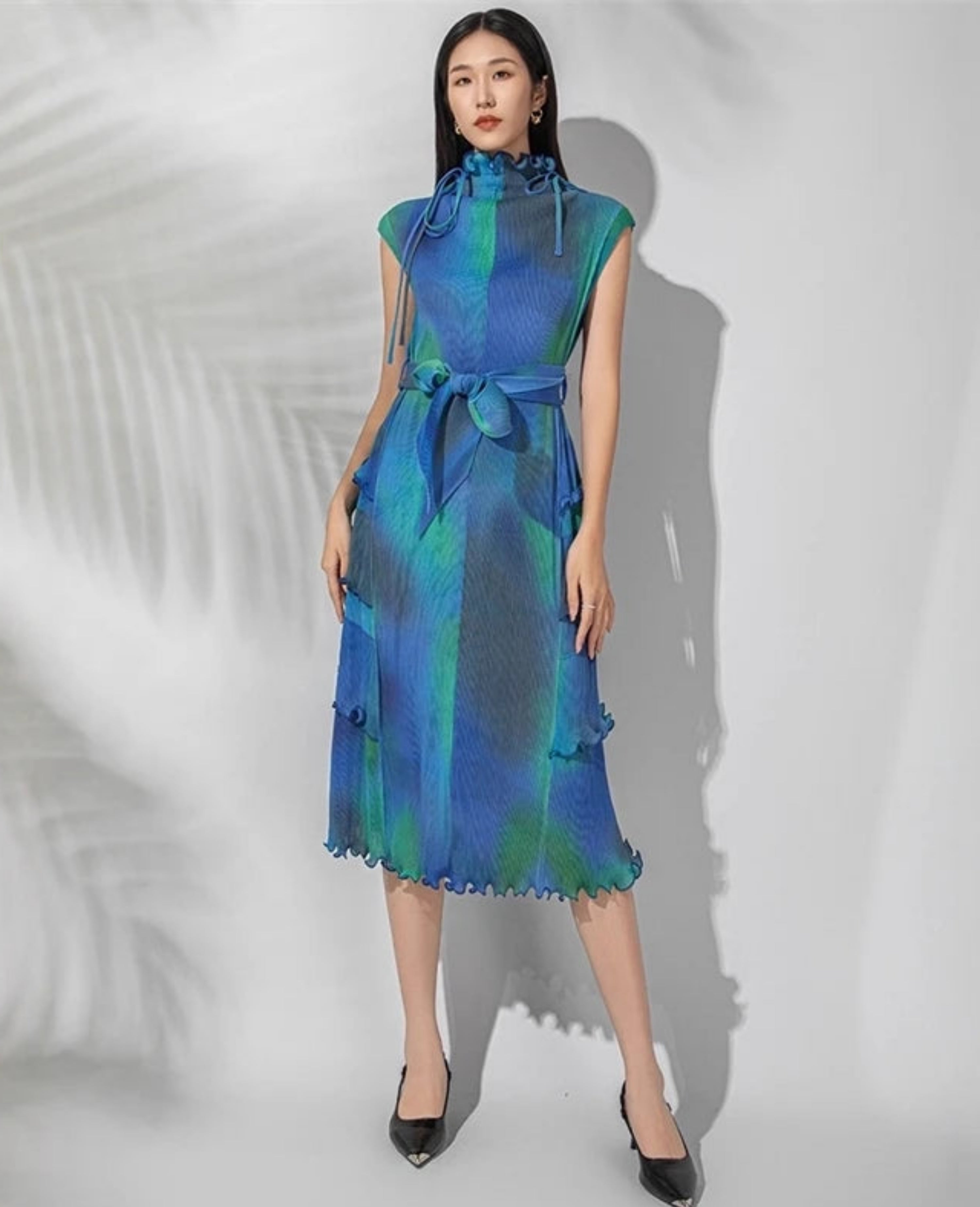 Japanese Micro-Pleated Tiered Plissé Midi Dress