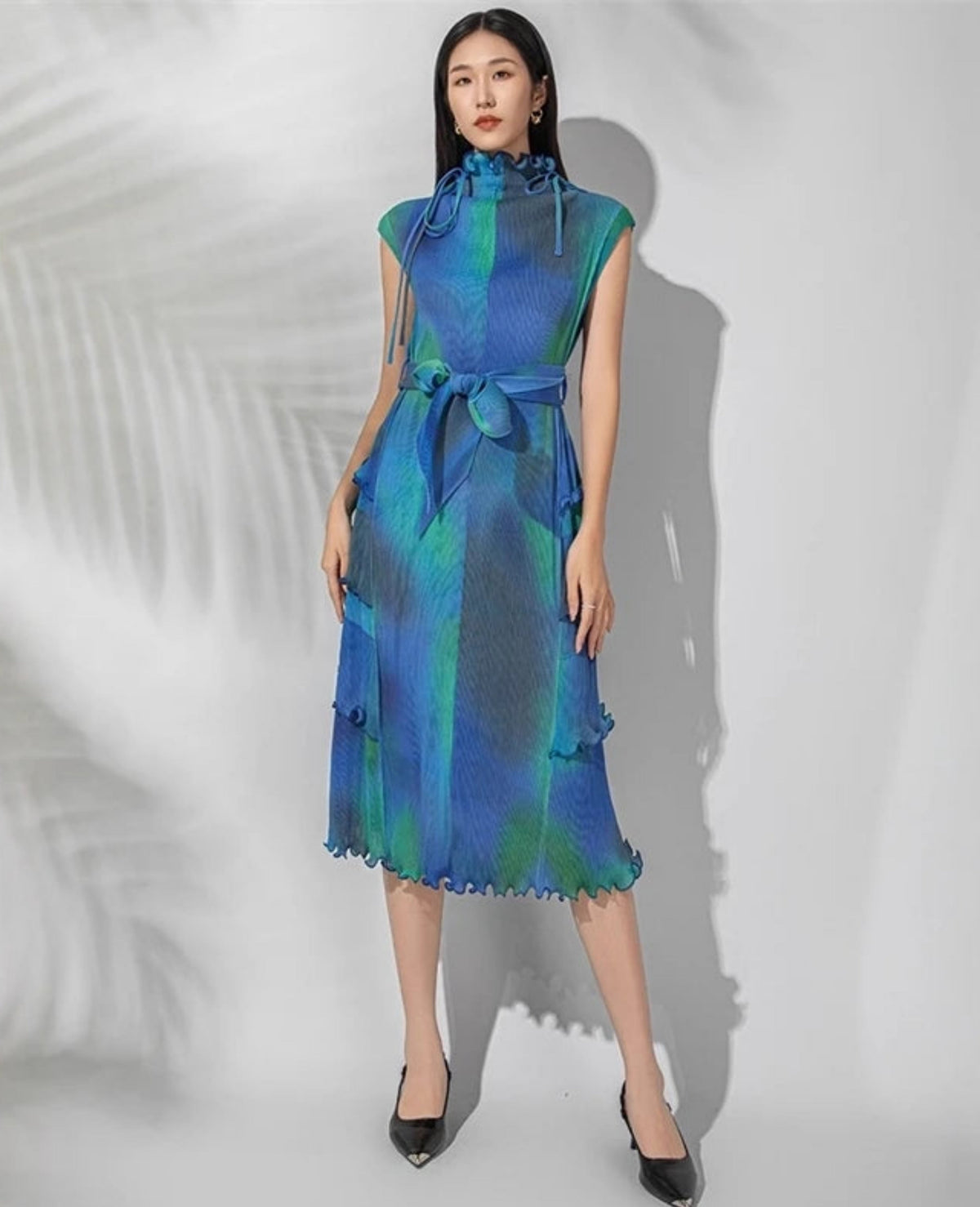 Japanese Micro-Pleated Tiered Plissé Midi Dress