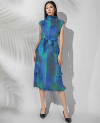 Japanese Micro-Pleated Tiered Plissé Midi Dress