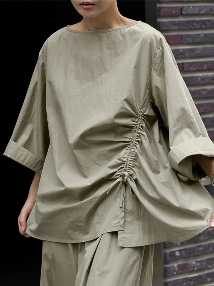 Japanese Oversized Cotton Top with Asymmetrical Ruching and Wide Sleeves