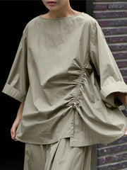 Japanese Oversized Cotton Top with Asymmetrical Ruching and Wide Sleeves