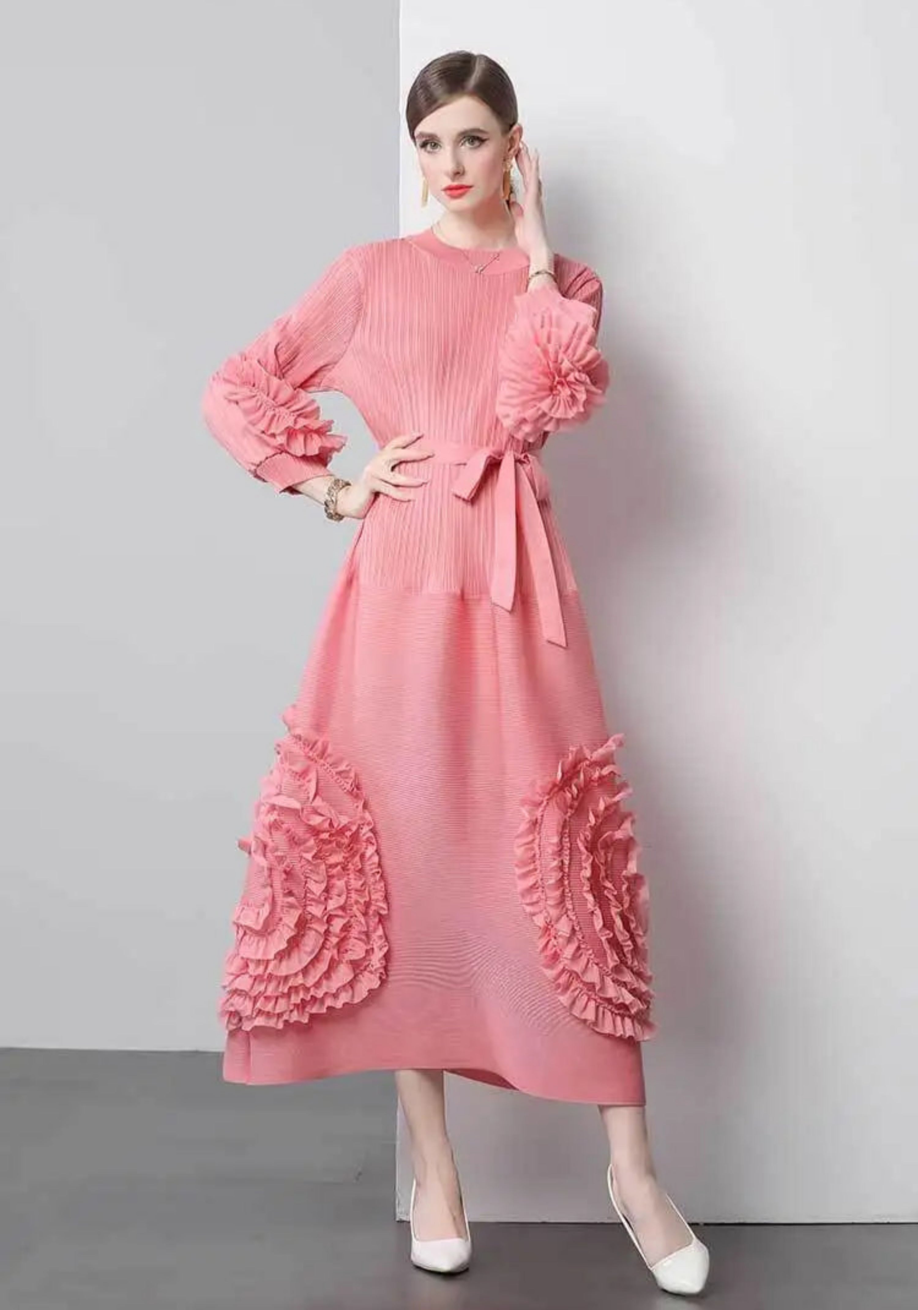 Japanese Pleat Plisse Midi Dress Formal Designer Women
