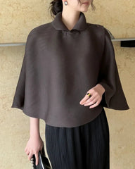 Japanese Pleated Cape-Sleeve Blouse – Luxury Designer Women’s Top