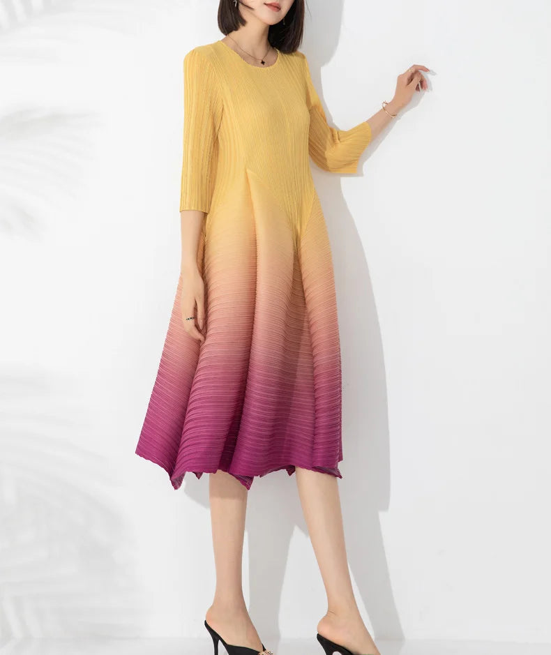 Japanese Pleated Midi Dress - Limited Edition - Yellow