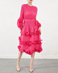 Japanese Pleated Plissé Designer Midi Dress - Luxury Cruise Yacht Formal Ruffle