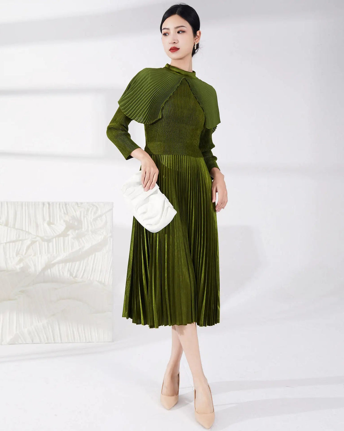 Japanese Pleats Plissé Designer Midi Dress - Luxury Capelet Mock Neck Formal Event
