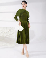 Japanese Pleats Plissé Designer Midi Dress - Luxury Capelet Mock Neck Formal Event