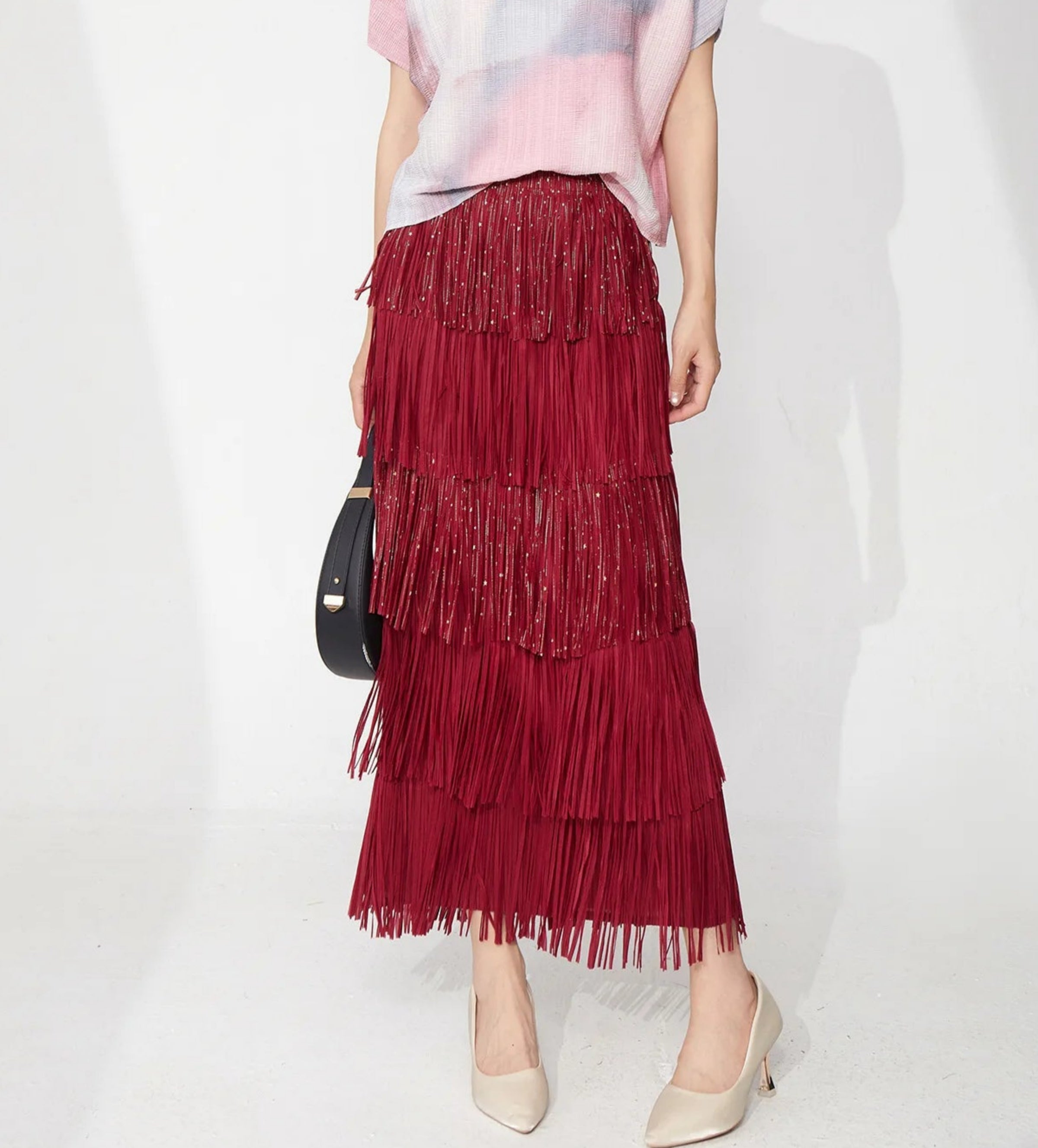 Japanese Pleats Plissé Designer Tiered Maxi Skirt - Luxury Sequin Fringe Formal Wear