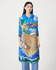 Japanese Pleats Plissé Designer Tunic Dress - Luxury Nautical Cruise Print 3/4 Sleeve
