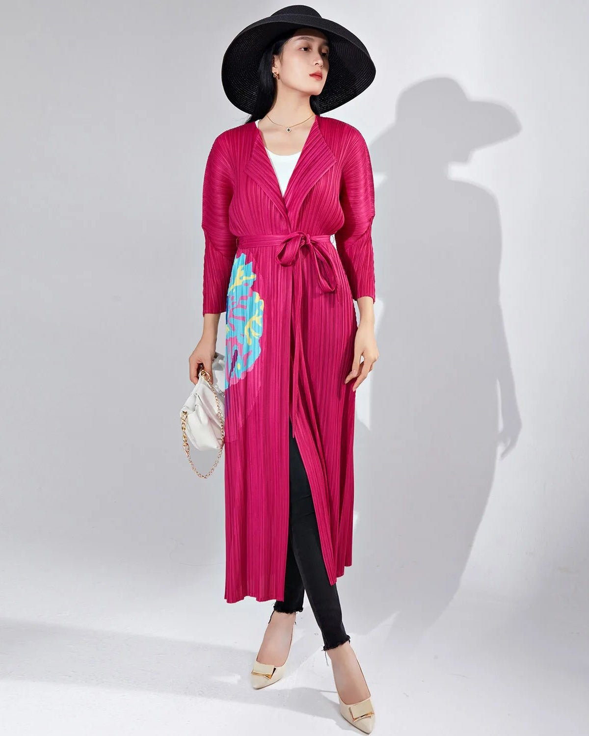 Japanese Pleats Plissé Luxury Designer Long Cardigan Duster Abstract Print Tie-Waist Resort Wear