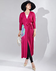 Japanese Pleats Plissé Luxury Designer Long Cardigan Duster Abstract Print Tie-Waist Resort Wear