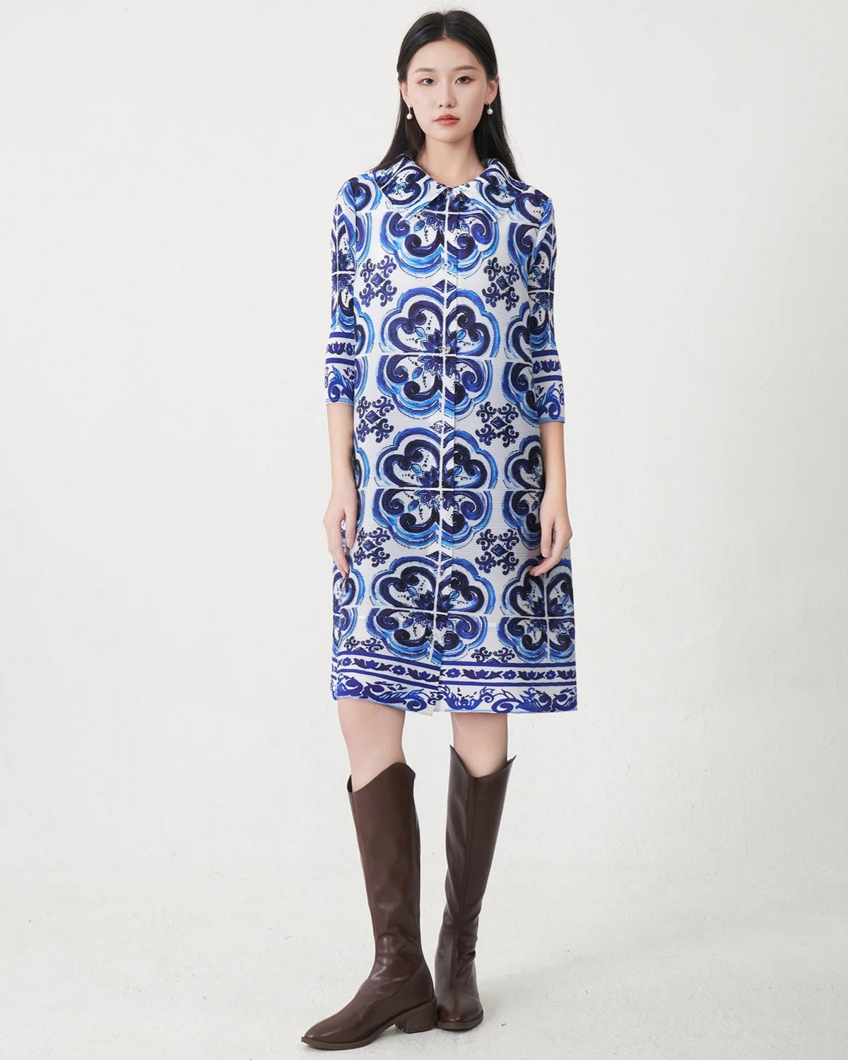 Japanese Pleats Plissé Luxury Tunic Dress - Sophisticated Cruise Geometric Print