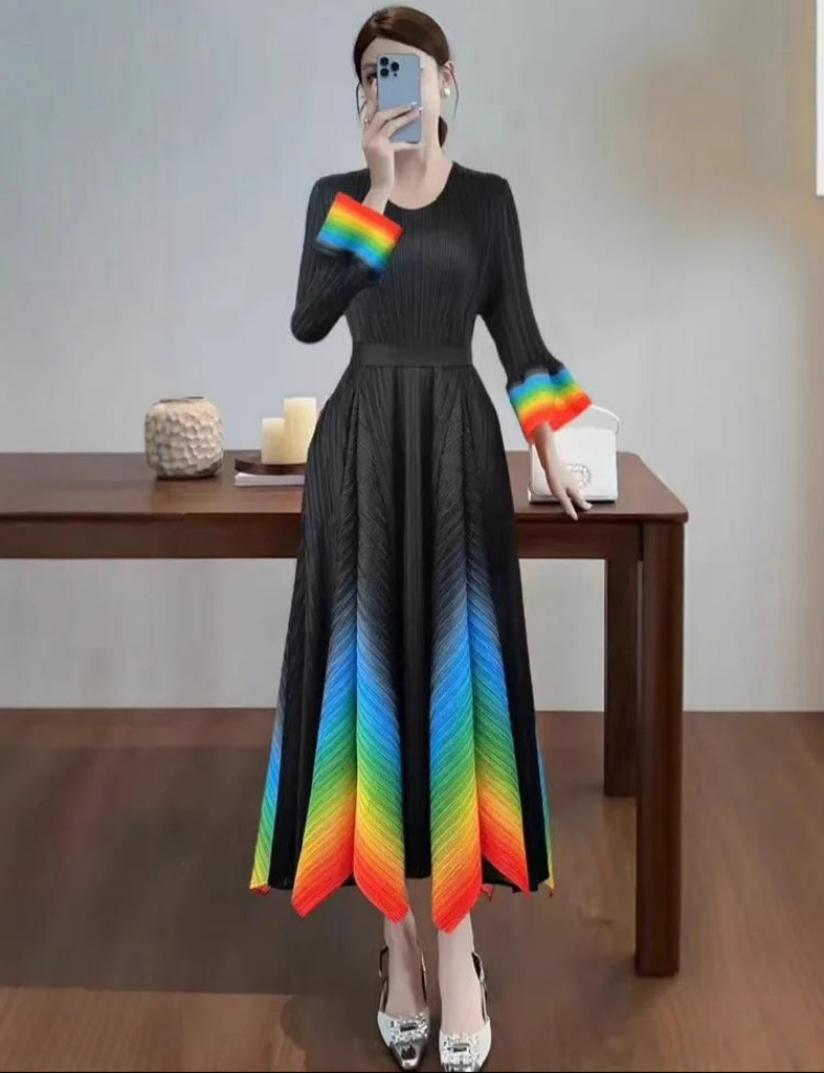 Luxury Pleated Bell-Cuff Dress
