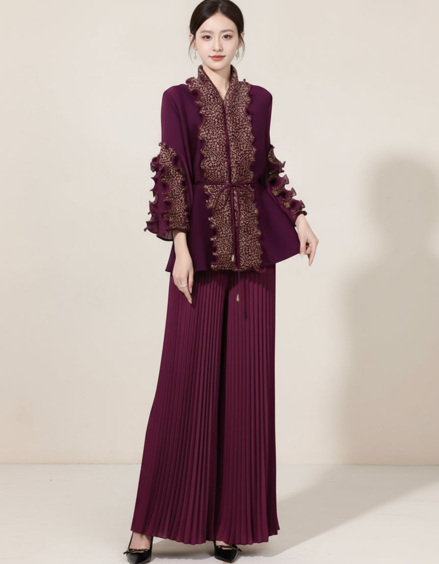 Japanese Plissé Evening Set – Luxury Embellished Jacket & Pants