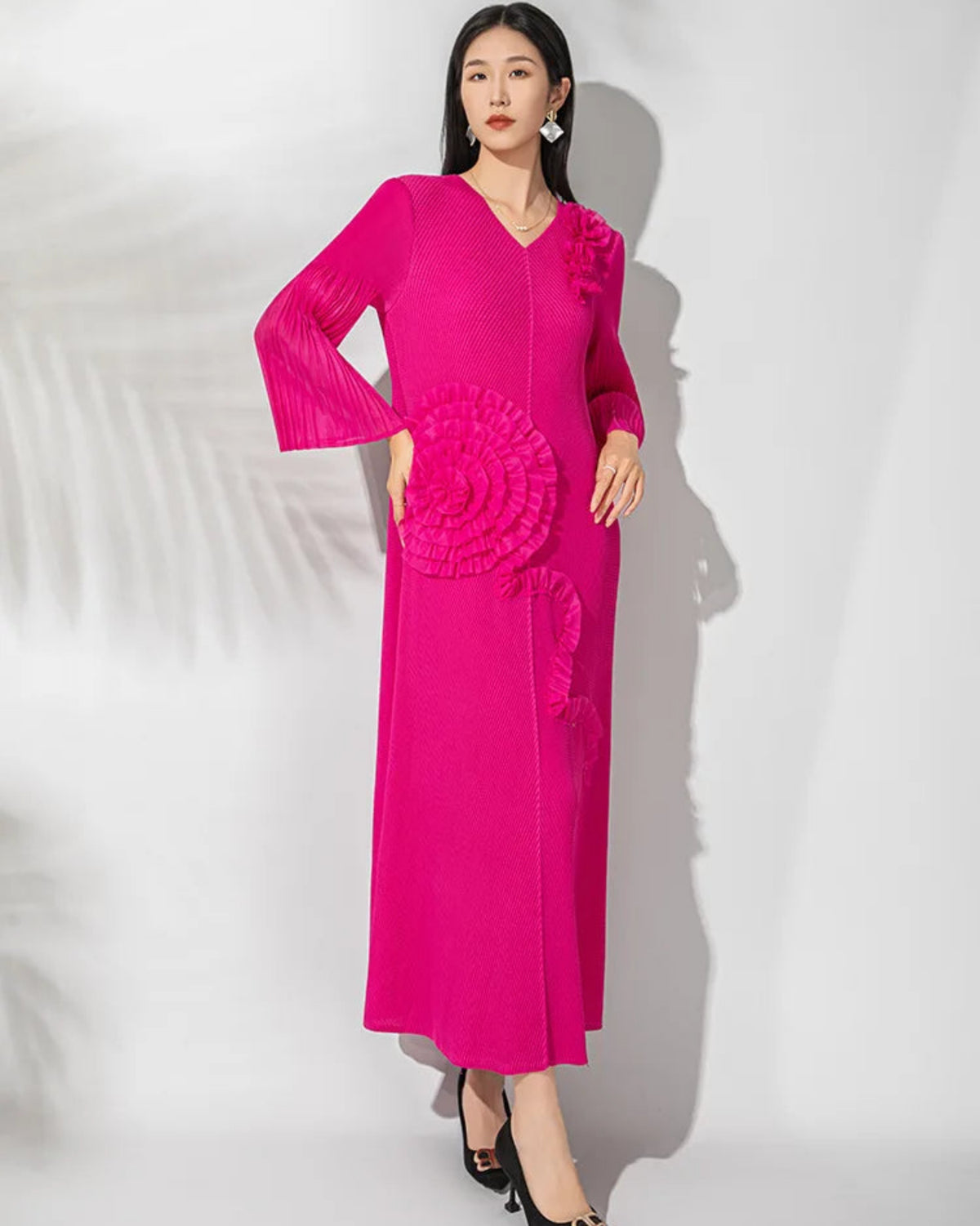 Japanese Plissé Floral Midi Dress