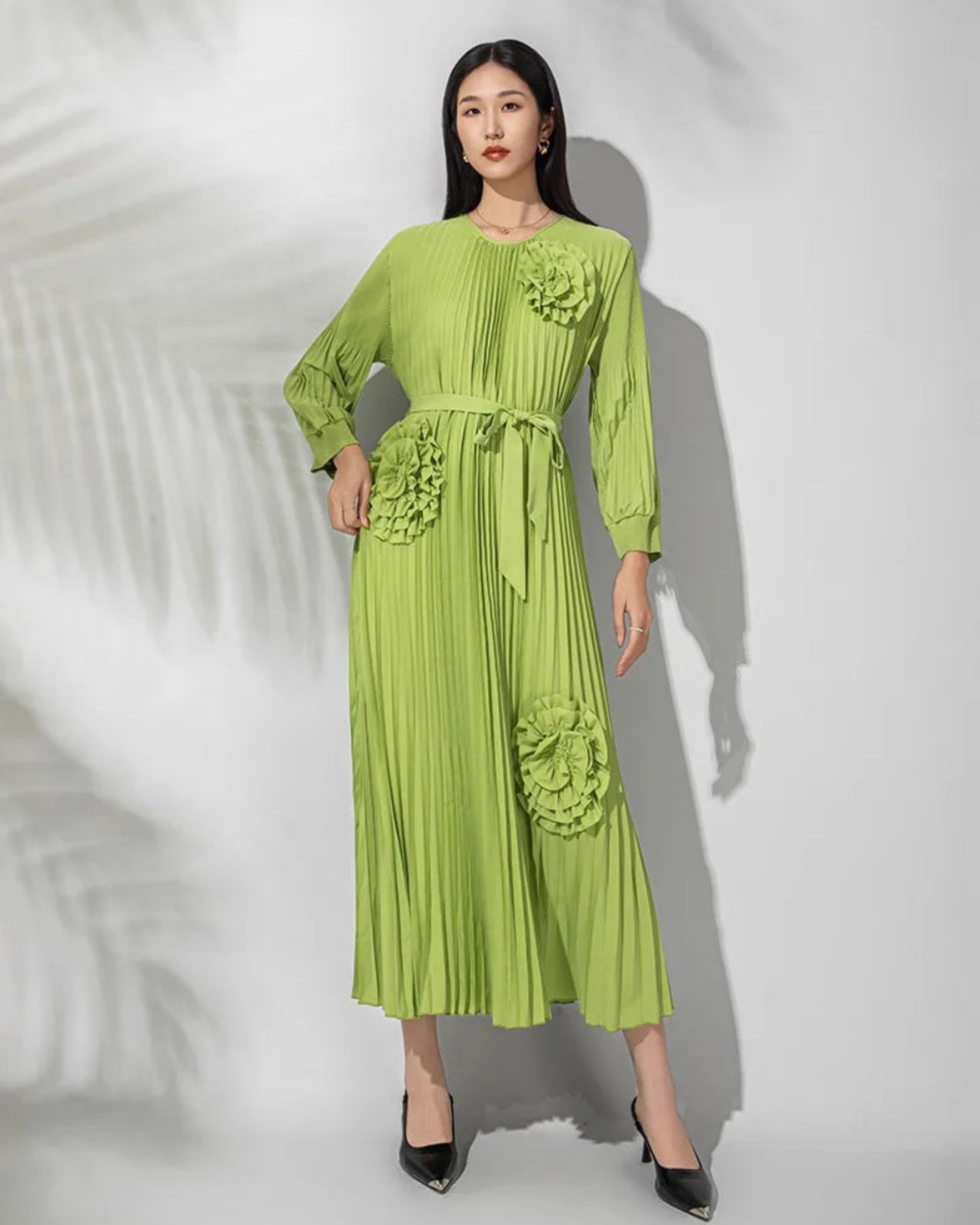 Japanese Plissé Floral Pleated Midi Dress