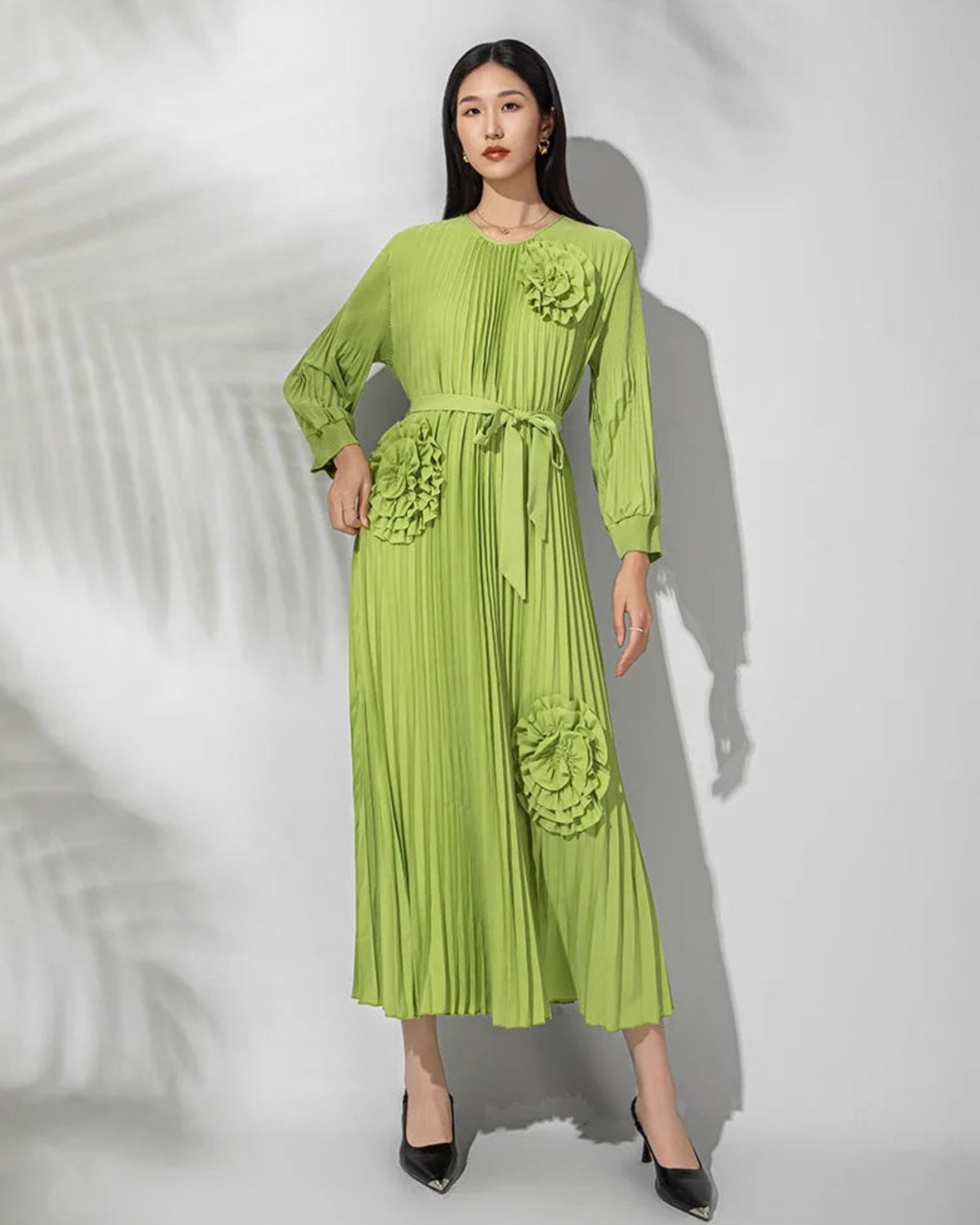 Japanese Plissé Floral Pleated Midi Dress