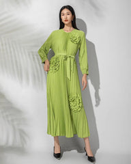 Japanese Plissé Floral Pleated Midi Dress