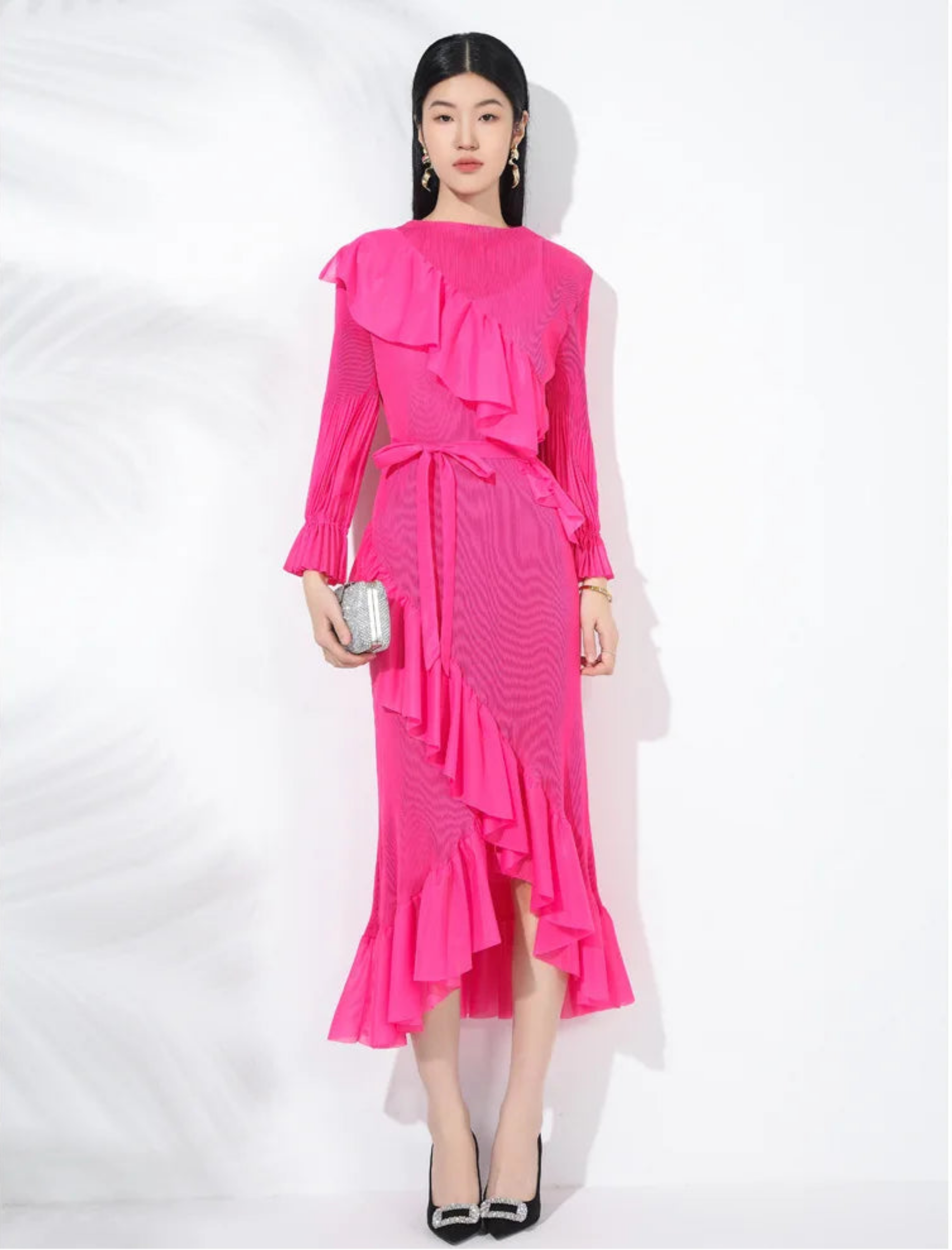 Japanese Plissé Micro-Pleated Midi Dress with Dramatic Ruffles
