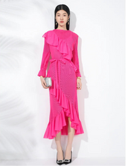 Japanese Plissé Micro-Pleated Midi Dress with Dramatic Ruffles