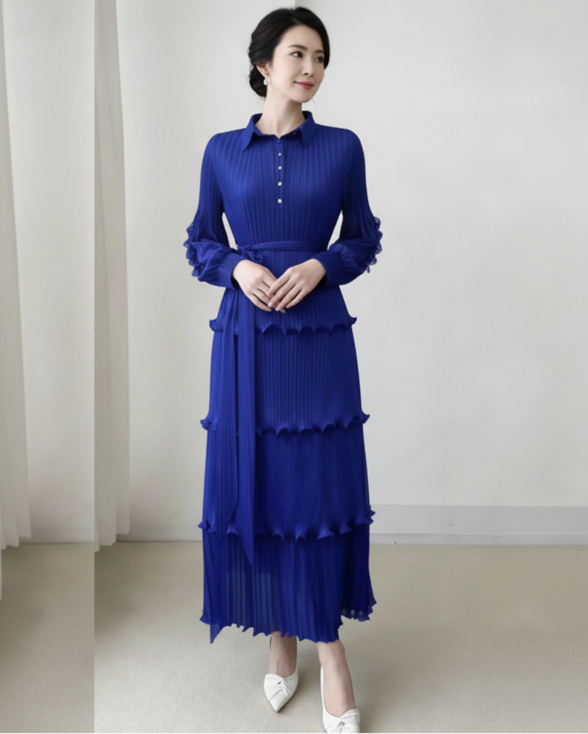 Japanese Plissé Pleated Midi Dress Tiered Ruffle Long Sleeve
