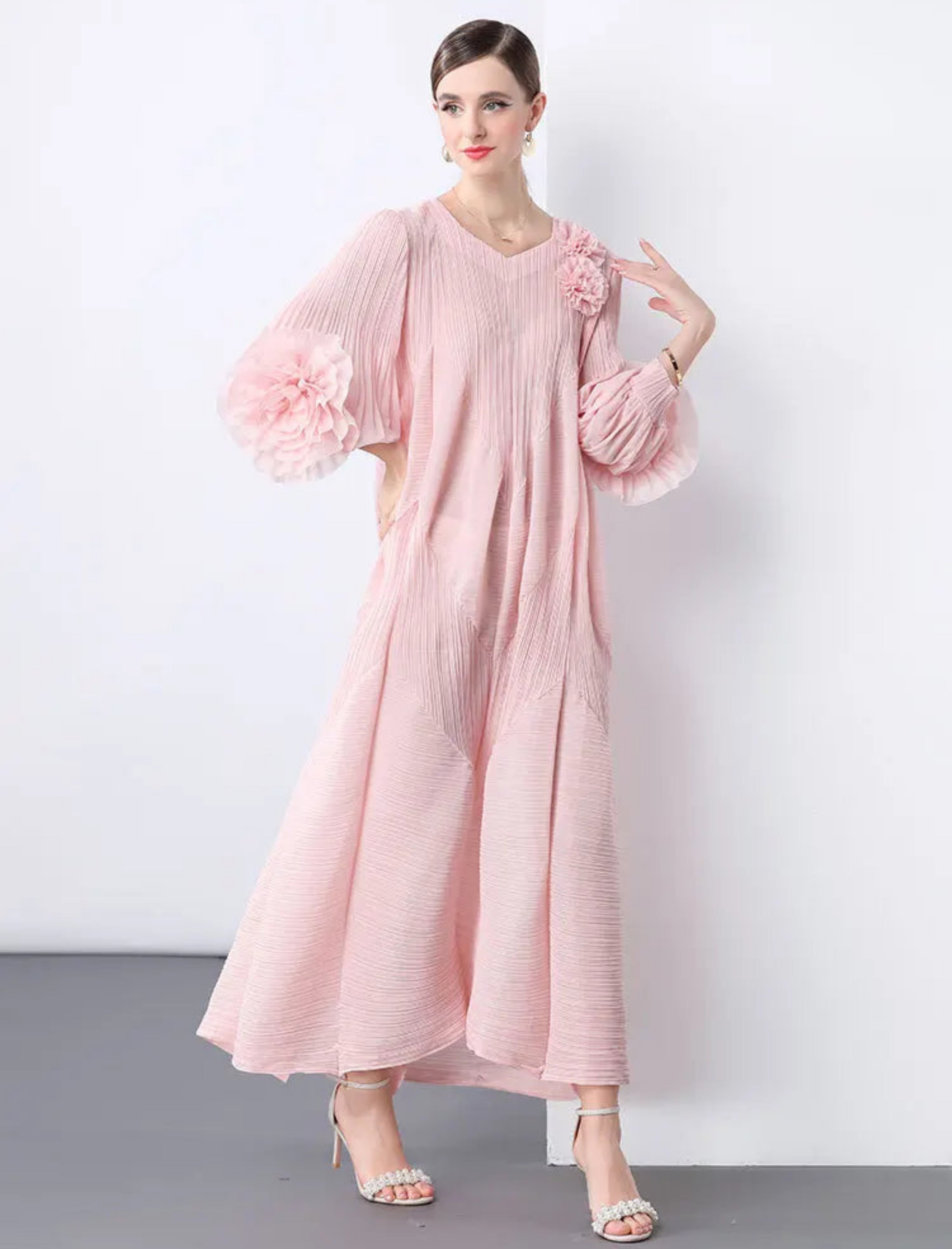 Japanese Plissé Pleated Midi Dress V-Neck Bell Sleeve Designer