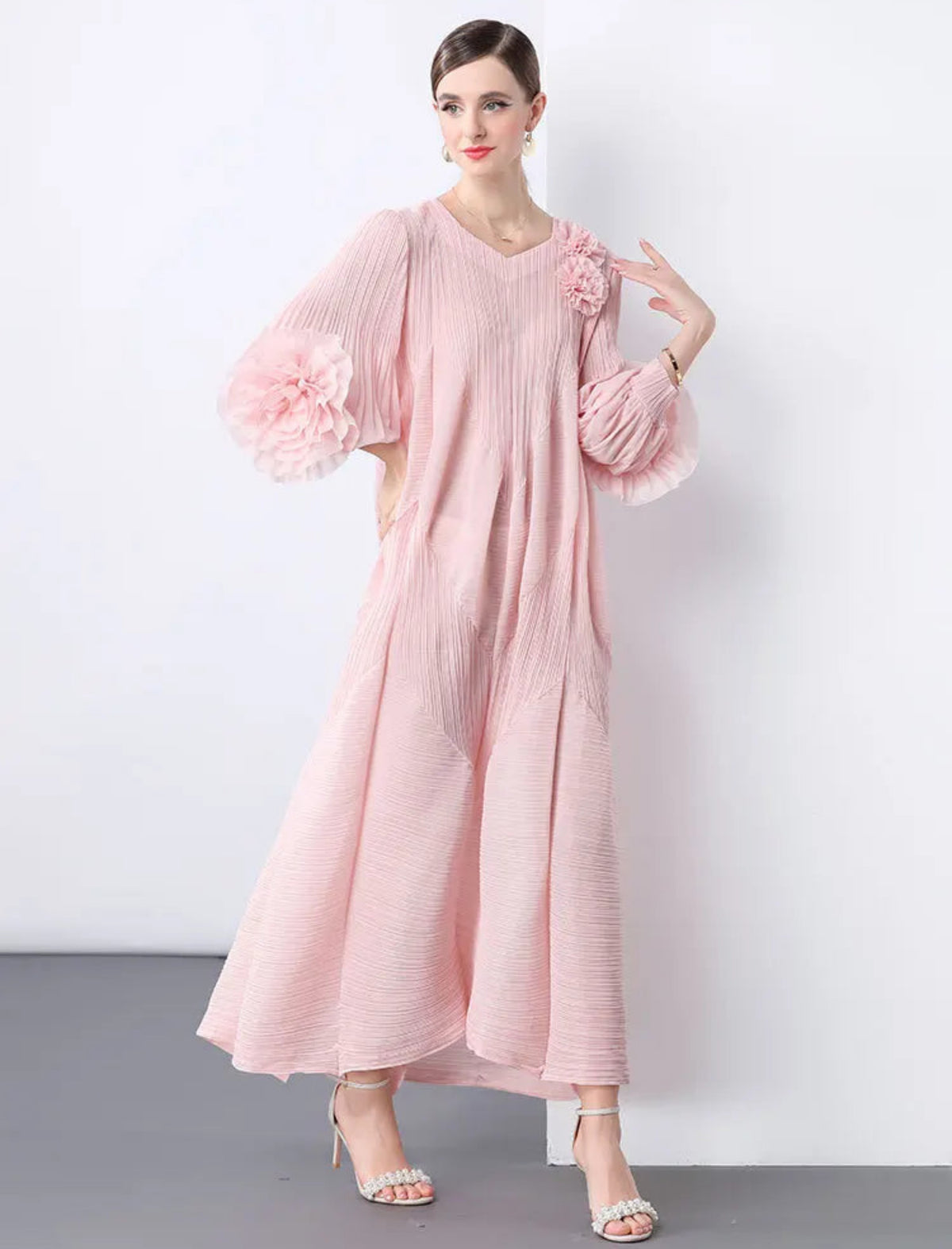 Japanese Plissé Pleated Midi Dress V-Neck Bell Sleeve Designer