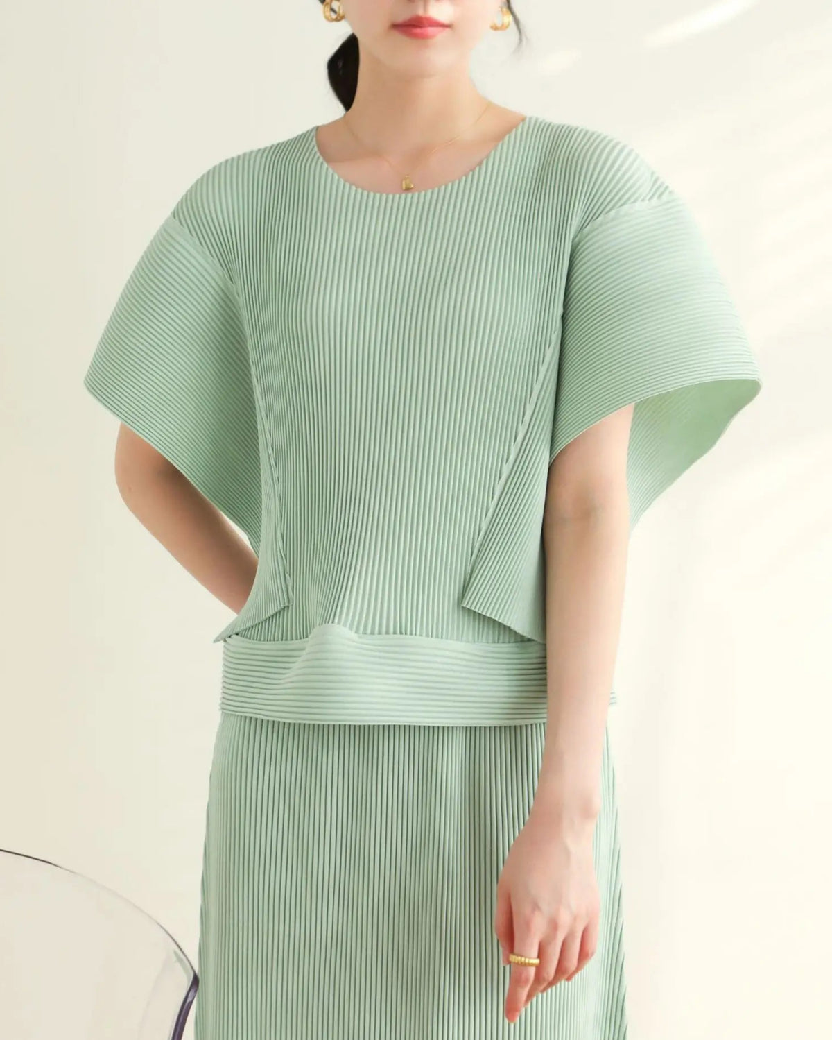 Japanese Plissé Pleated Peplum Top with Cape Sleeves