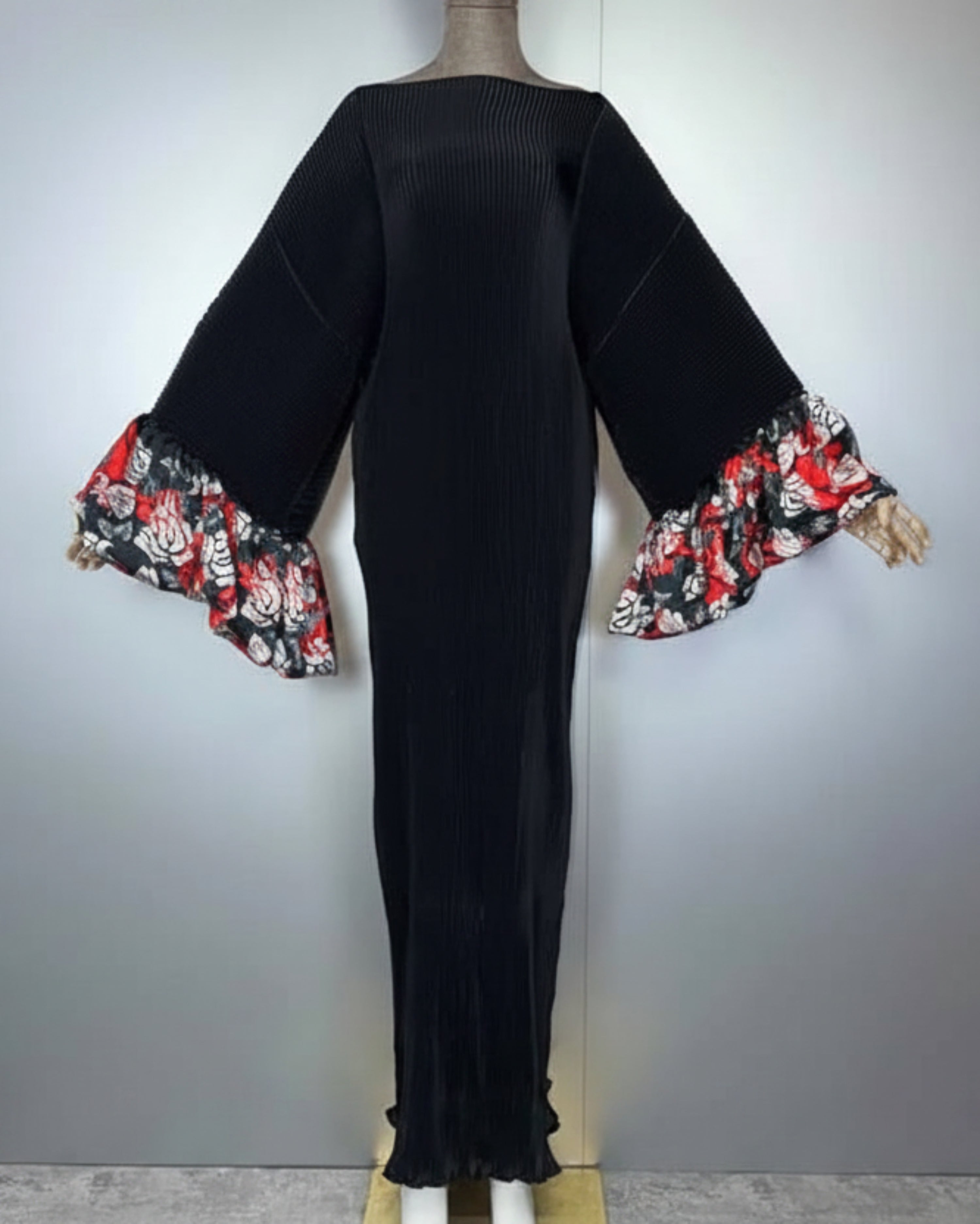 Japanese Plisse Pleated Maxi Dress Women – Sculptural Designer Kaftan Dress Bell Sleeve