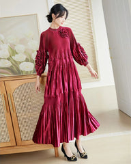 Japanese Velvet Plissé Pleated Midi Dress | Luxury Modest Evening Wear
