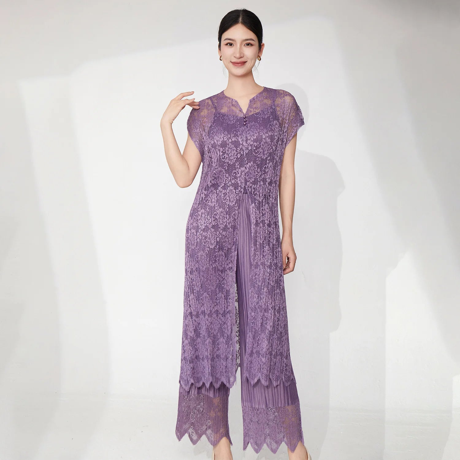 Lace Pleated Pant Suit Set - Mother of the Bride Outfit, Formal Occasion 2-Piece