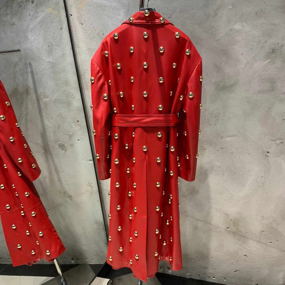 Lambskin Leather Belted Studded Trench Coat - Red Women's