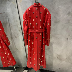Lambskin Leather Belted Studded Trench Coat - Red Women's