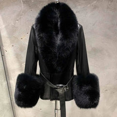 Lambskin Leather Coat with Fox Fur Collar & Cuffs - Black