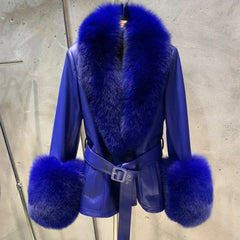 Lambskin Leather Coat with Fox Fur Collar & Cuffs - Blue
