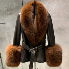 Lambskin Leather Coat with Fox Fur Collar & Cuffs - Brown