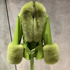 Lambskin Leather Coat with Fox Fur Collar & Cuffs - Lime Green